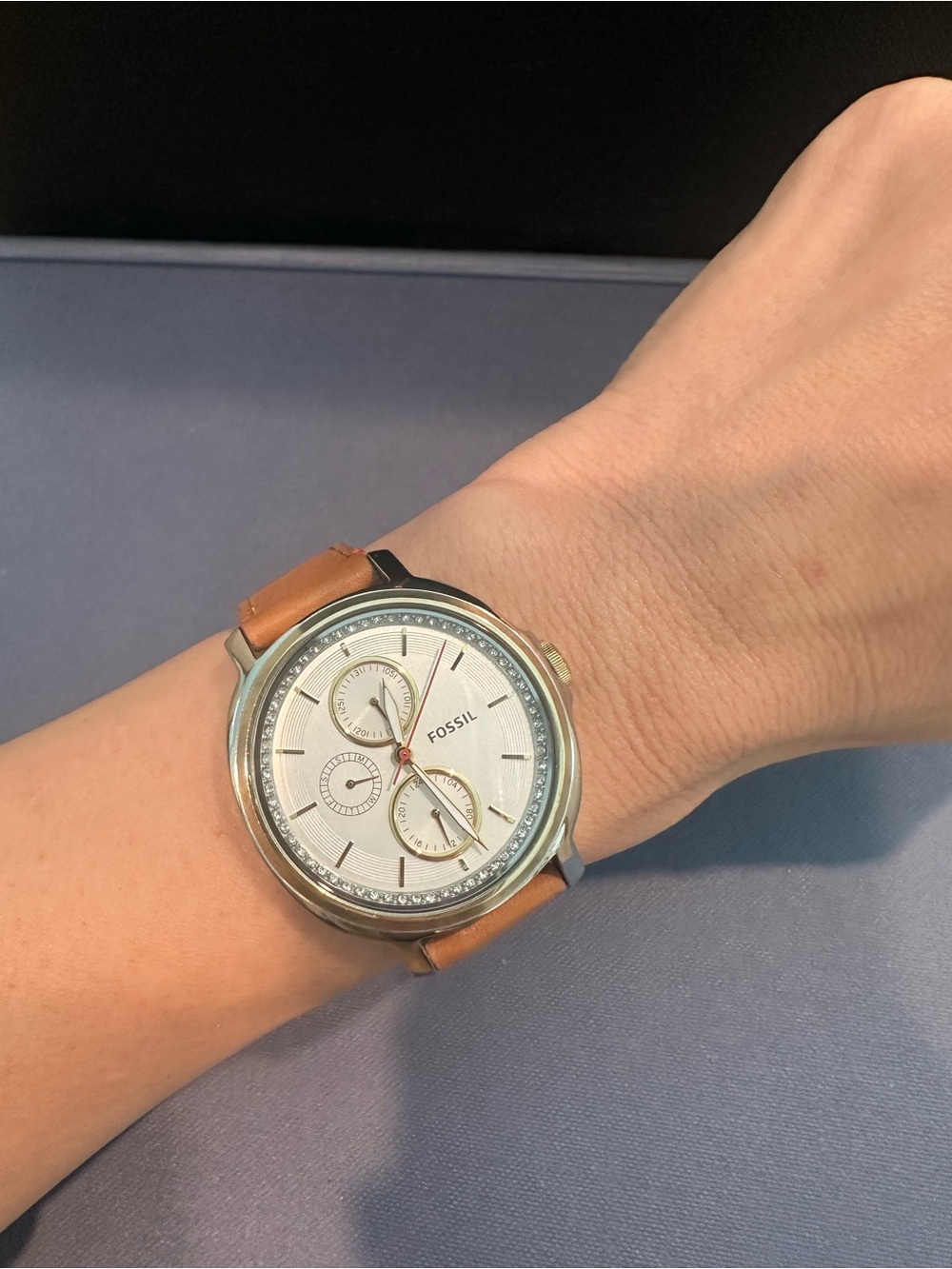 Fossil Two Tone Watch with Tan Leather Strap & Red accent